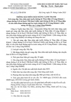 Thông báo mời chào hàng cạnh tranh gói cung cấp: Sửa chữa mặt tuyến đường từ Than điện về Làng khánh 1