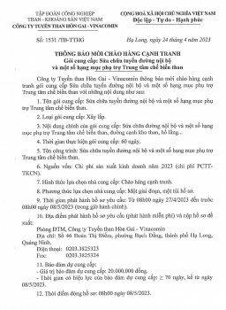 Thông báo mời chào hàng cạnh tranh gói cung cấp: “Sửa chữa tuyến đường nội bộ và một số hạng mục phụ trợ Trung tâm chế biến than”