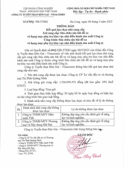 Kết quả lựa chọn nhà cung cấp: Gói thầu cung cấp sửa chữa sân bãi đỗ xe khu vực nhà điều hành sản xuất của Công ty
