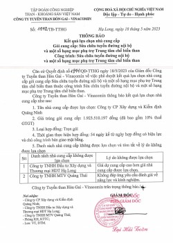 Kết quả lựa chọn nhà cung cấp: Gói thầu cung cấp “Sửa chữa tuyến đường nội bộ và một số hạng mục phụ trợ Trung tâm chế biến than”