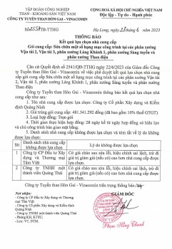 Kết quả lựa chọn nhà cung cấp: Gói thầu cung cấp “Sửa chữa một số hạng mục công trình tại các phân xưởng Vận tải 2, Vận tải 3, Phân xưởng Làng khánh 1, Phân xưởng Sàng tuyển và Phân xưởng Than điện"