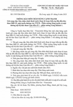 Thông báo mời chào cạnh tranh gói cung cấp: Sửa chữa, rãnh thoát nước đoạn từ trạm biến áp đến đầu kho than MB+22, mặt bằng tuyến đường vào TTCB – Phân xưởng sàng tuyển và mặt bằng đường nội bộ Kho than cụm bến số 1 - Phân xưởng Làng khánh 1