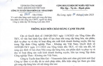 Thông báo mời chào hàng cạnh tranh gói cung cấp: Hàng hóa chăm lo đời sống cho CBNV, Người lao động Công ty nhân dịp Tết Dương lịch 2024