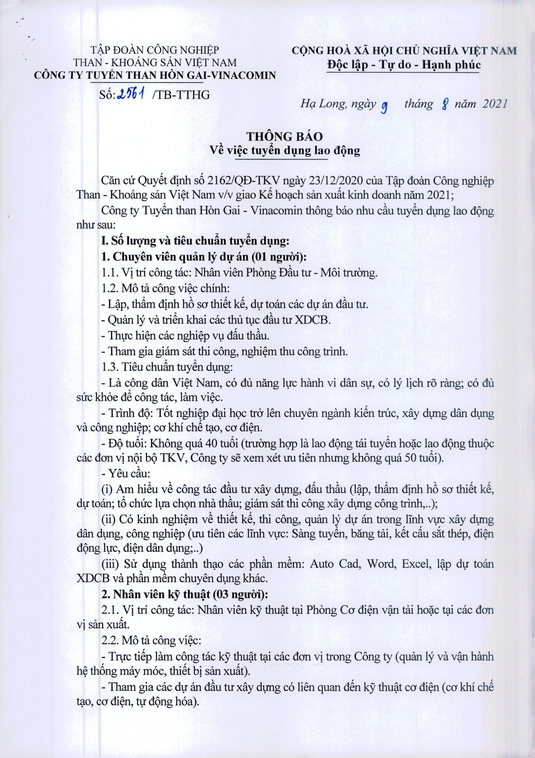 THÔNG BÁO TUYỂN DỤNG LAO ĐỘNG
