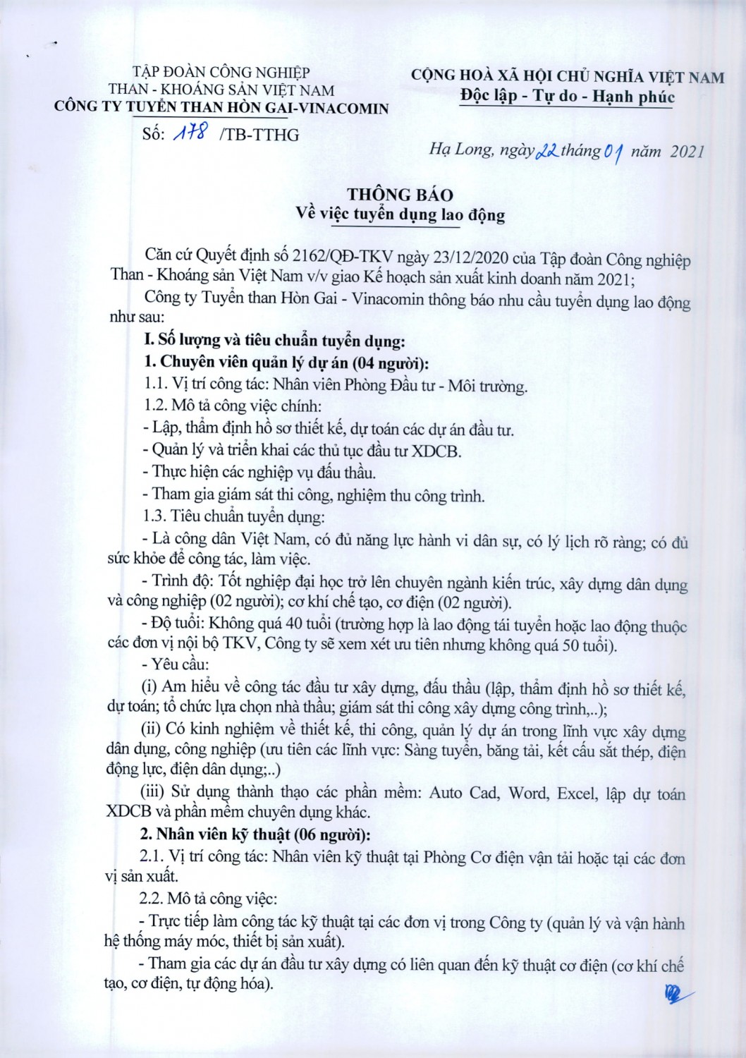THÔNG BÁO TUYÊN DỤNG LAO ĐỘNG