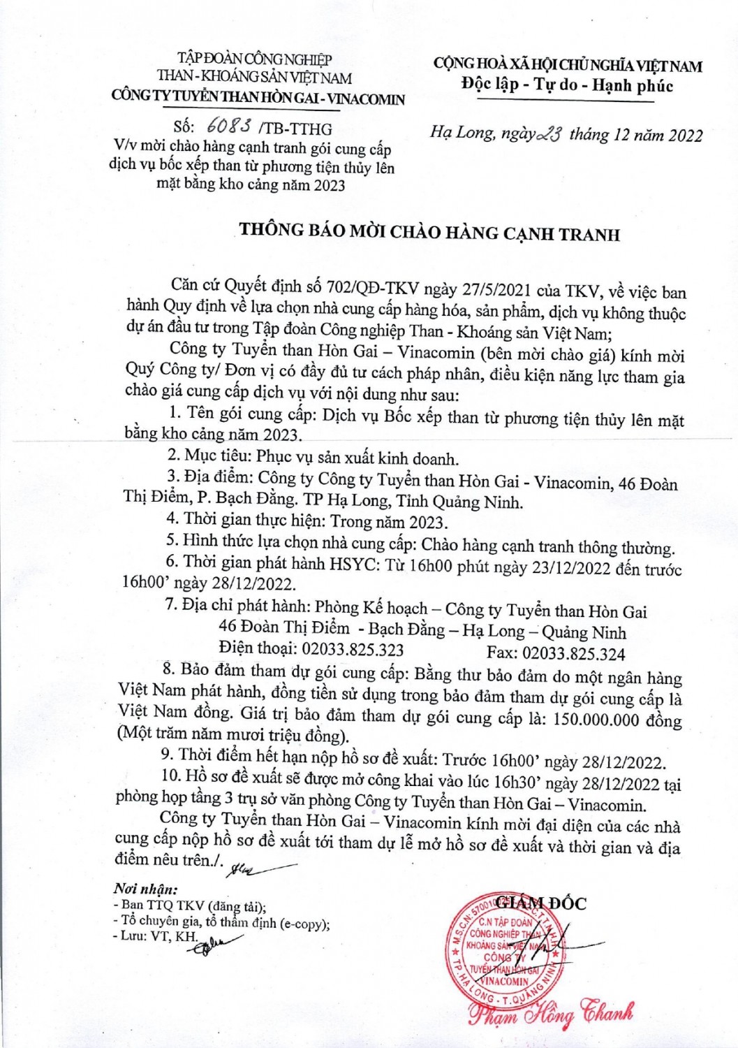 6083 TTHG mời chào hàng cạnh tranh gói cung cấp dịch vụ bốc xếp than từ phương tiện thủy lên mặt bằng kho cảng năm 2023 page 0001