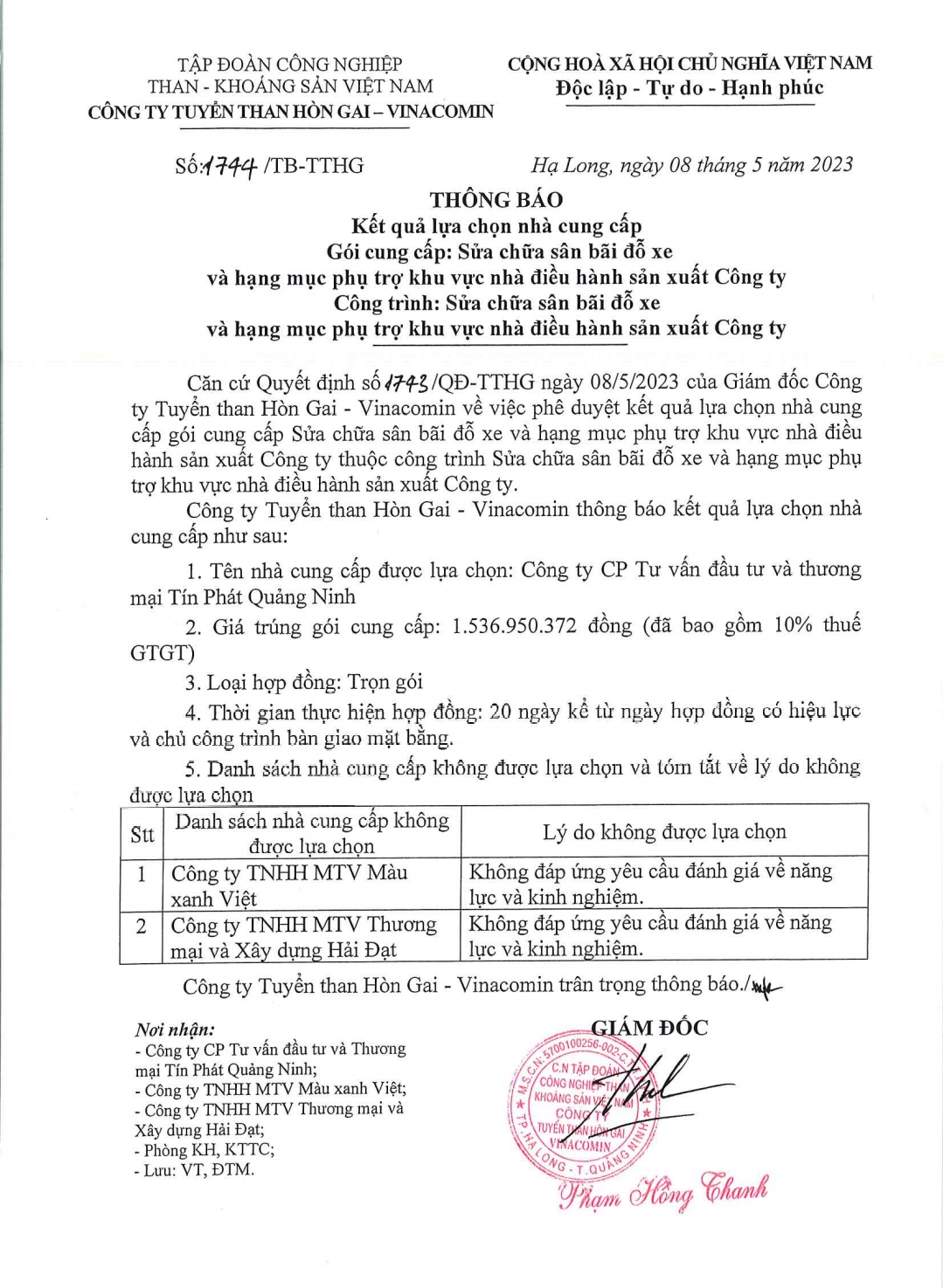 Kết quả lựa chọn nhà cung cấp: Gói thầu cung cấp sửa chữa sân bãi đỗ xe khu vực nhà điều hành sản xuất của Công ty