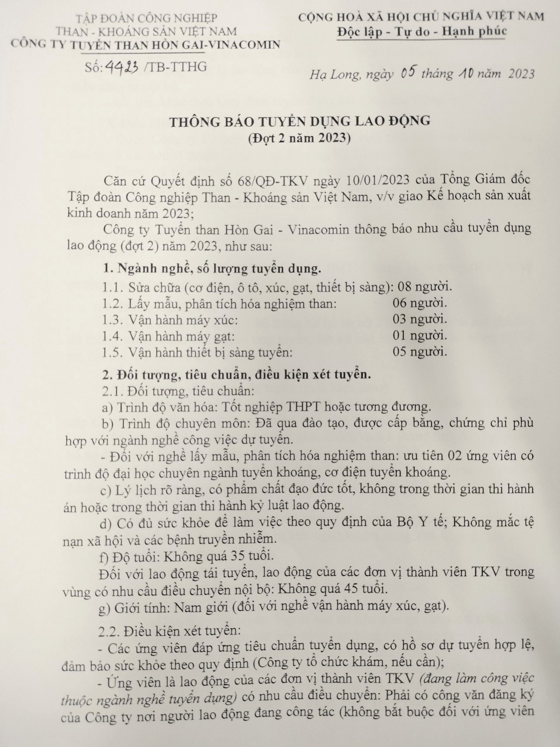 Công ty Tuyển than Hòn gai thông báo tuyển dụng lao động (đợt 2) năm 2023